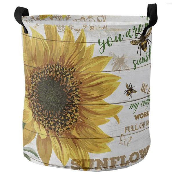 Bolsas de lavanderia Sunflower Bee Butterfly Wood Board Dirty Basket Caskable Home Organizer Clothing Kids Toy Storage