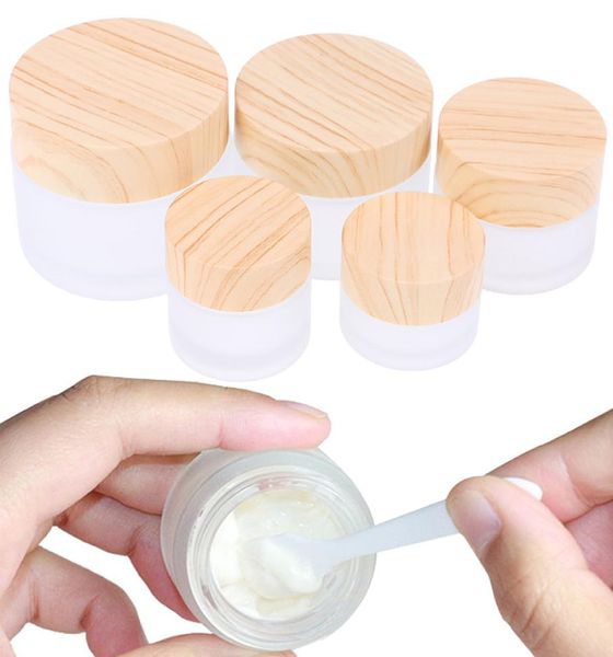 Jar de vidro fosco Cuidado com os olhos para os olhos Creme para os olhos Bottle Recipiente cosmético com grãos de madeira 5G 10G 15G 30G 50G2147292