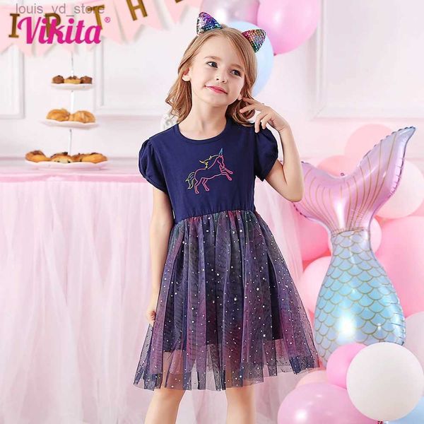 Mädchenkleider Vikita Girls Kurzarm Sommerkleid Kinder Cartoon Kleider Kinder Casual School Birthday Party Mesh Prinzessin Vestidos T240415