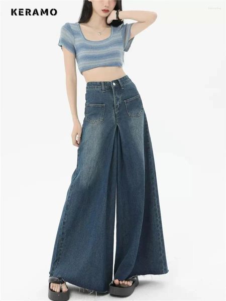 Jeans femminile americano retrò alto in vita y2k gamba larga pantaloni sovradimensiona