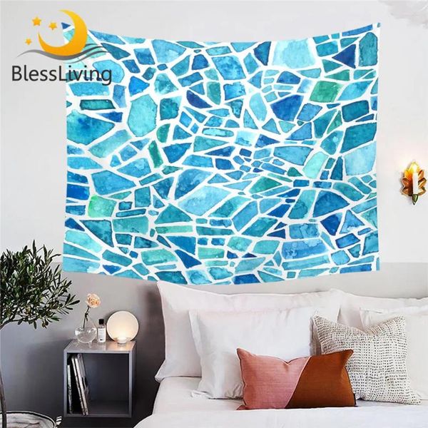 Taquestres abençoando a parede de tapeçaria de pedra azul pendurada em aquarela carpete decorativo carpete geométrico colcha lençóis de camas de mosaico