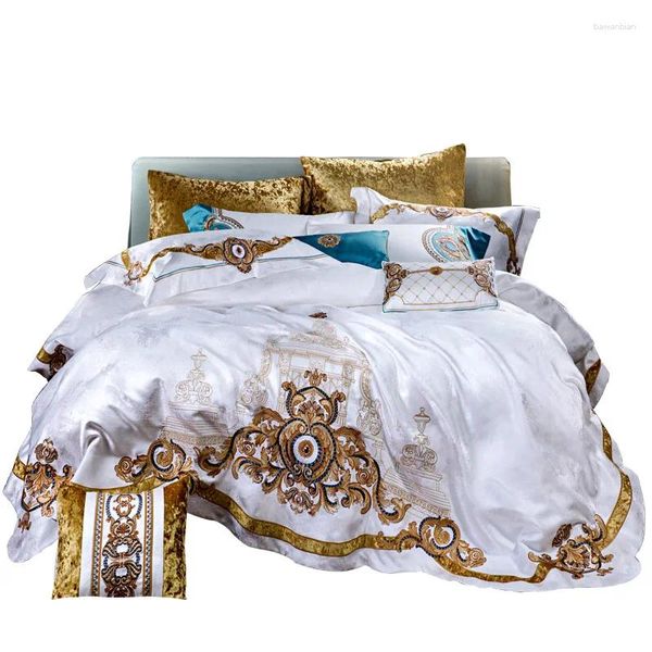 Bedding Sets Silk Bordery Luxury Bed Sheet Set de quatro peças Conjunto de ponta bordada Bordada Bordal Edição de capa