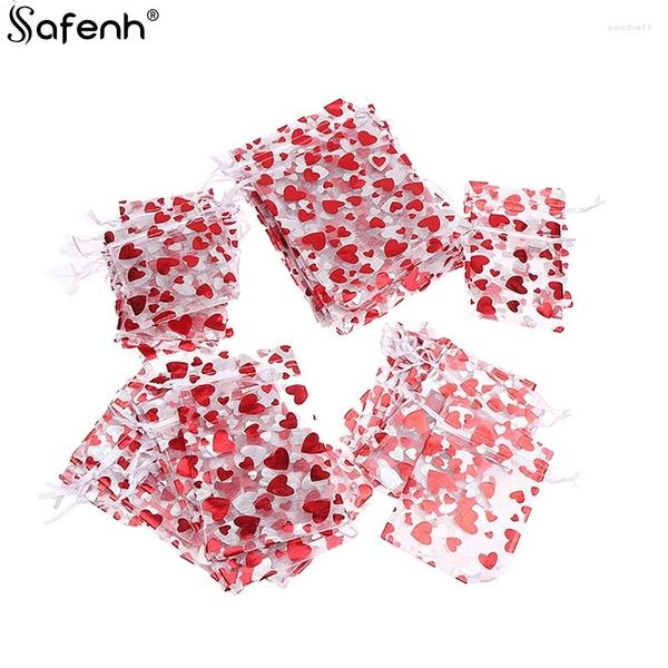 Einkaufstaschen 10pcs Organza Red Love Heart Hochzeitsfeier Candy Draw String Bag Weihnachten Valentinstag Juwelierbeutel