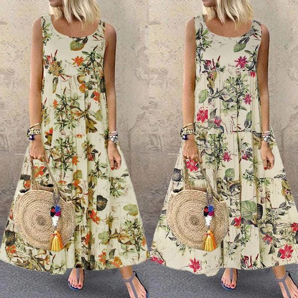 Lässige Kleider Sommer elegant lose ärmellose A-Line Swing Hem mit mittlerer Länge Vintage Blumengedruckte runde Hals-Baumwoll-Leinenkleid