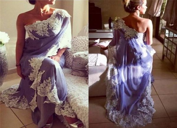 2019 Lavendel Saudi -Arabische Abendkleider One Schulter Applikationen Spitzen Chiffon Indian Dubai Frauen formelle Abendkleider sexy lange P4043153