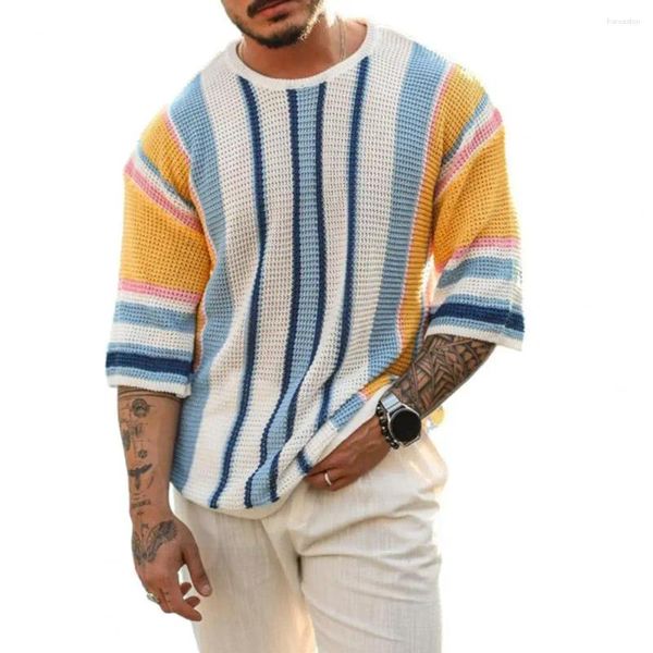 Suéteres masculinos Sweater solto estampa listrada com pescoço redondo de mangas meia color