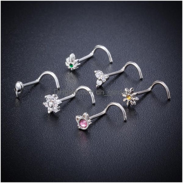 Scheroni di anelli del naso piegati chiarconi con naso zircone diamante fiore fiore di gatto corpo piercing da donna accessori di moda drop de dhgarden dhxba