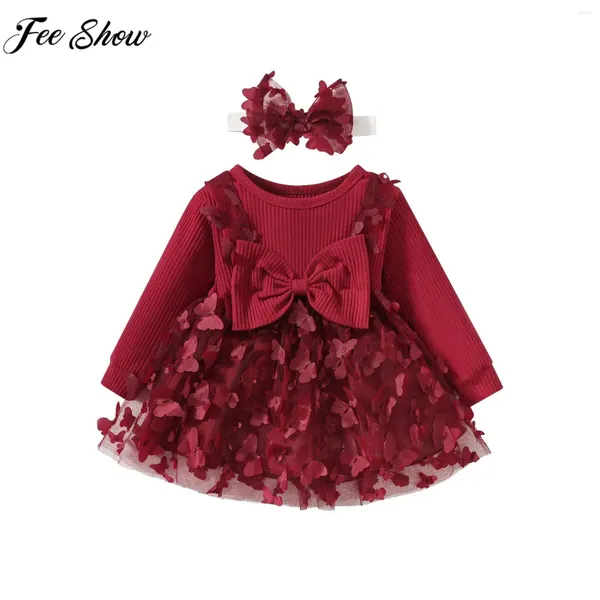 Mädchenkleider Baby Girls Party Kleid lang Ärmel weiche Baumwolle süße Bogenknoten -Mesh Tulle Tutu mit Stirnband Valentinstag Geburtstag Hochzeitskleid