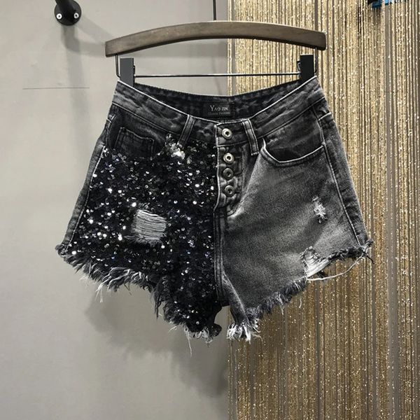 Shorts in denim estivo in denim femminile ad alta vita di grandi dimensioni fori patchwork girls street aline pantaloni 240415