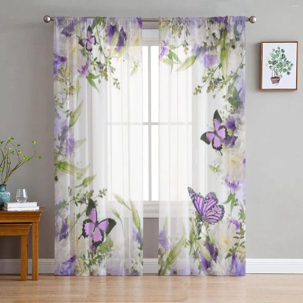 Tenda bianca fiori viola fiori farfalla vera finestra soggiorno tulle tera