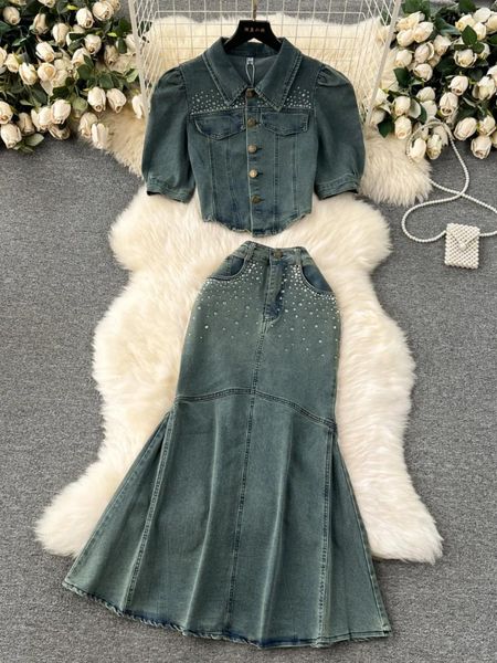 İş elbiseleri yaz Kore versiyonu kadın kot etek takım elbise moda tek göğüslü kısa jean ceket yüksek bel ince deniz kızı seti