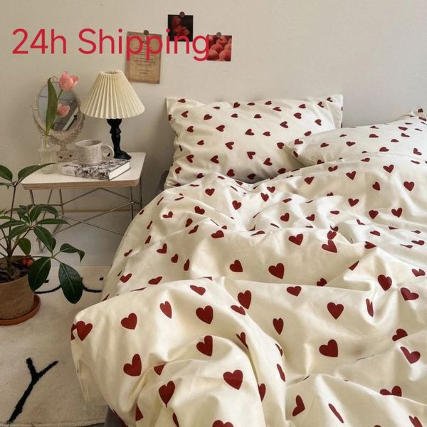 Bettwäsche im koreanischen Stil Kid Adult Twin Full Queen Size Bett Flat Sheet Love Heart Bettdecke Abdeckung Kissenbezug Bett Leinen ohne Füllstoff 240325