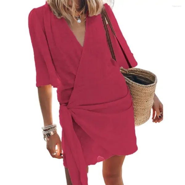 Lässige Kleidergurt Design Kleid elegante Schnüre-up v-Hals-Mini für Frauen A-Line Solid Color Beach Cover-up mit halben Ärmeln Sommer