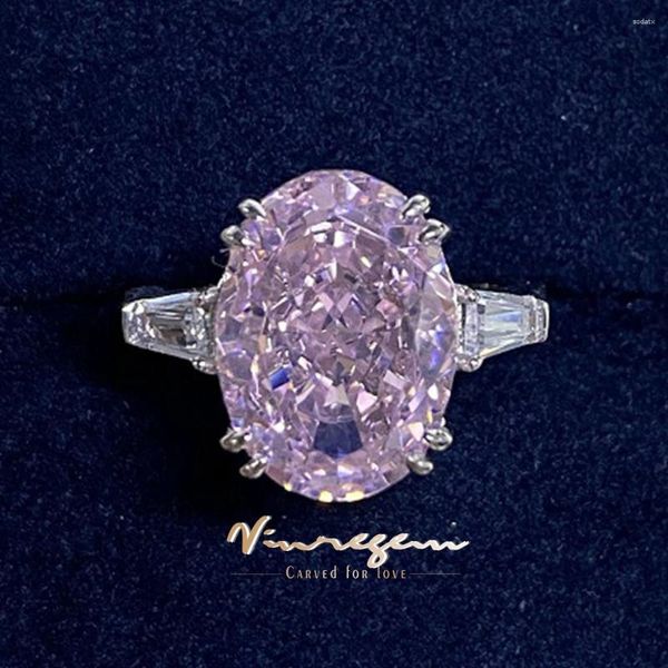 Clusterringe Vinregem 10 14 mm 10ct Oval Lab Pink Sapphire Sapphire Edelstein Ehering für Frauen 925 Sterling Silber Engagement Juwely