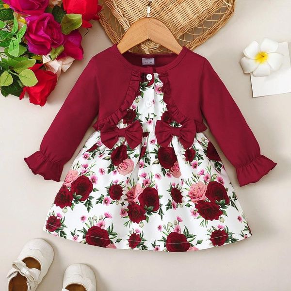 Mädchenkleider Kinder Rüschen Kleid Langarmblumen für 3-24 m Kleinkind A-Linie geborene Babykleidung