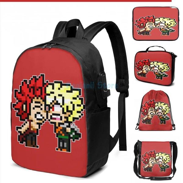 Backpack Funny Graphic Print Pixel Ships - Kirishima x Bakugo USB Charge Men Bags Escola Bolsa Baga de Viagem Laptop