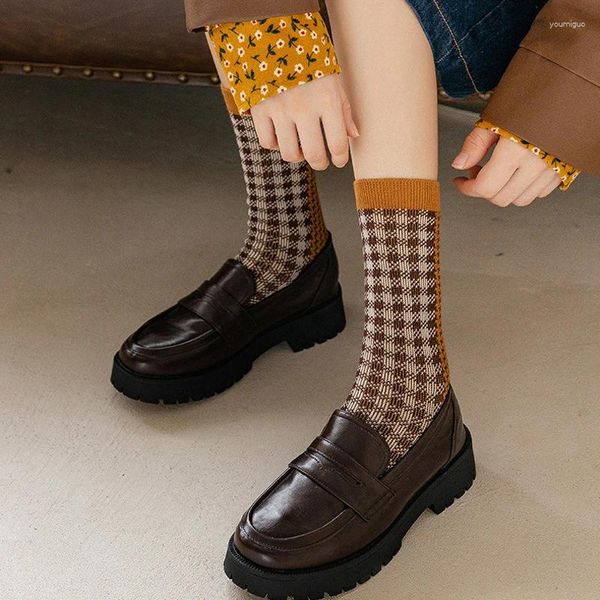 Frauen Socken Retro Sock gestreifte karte Baumwolle lässige weibliche Damen Vintage Hosiery Trendy Harajuku British Cool Short