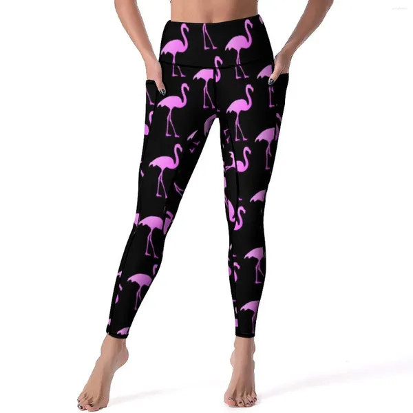 Calça ativa rosa flamingo pássaro leggings de animal design de impressão animal yoga alta cintura elaborar calças esportivas de esportes elásticos respiráveis de legging