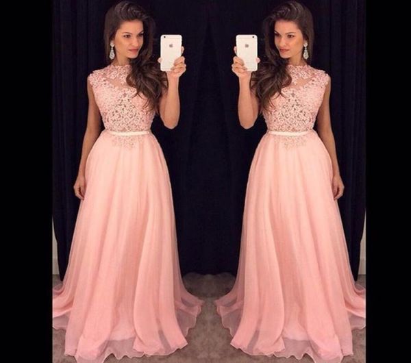 2020 Neue billige Pink A Line Prom Kleider Illusion Spitzen Applikationen Chiffon Schärpe bodenlange benutzerdefinierte Abendkleid Party Festzug für 5200574