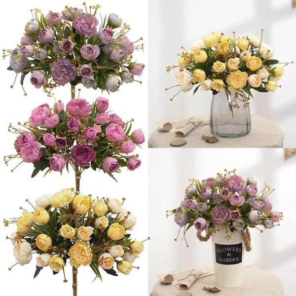 Flores decorativas Arranjo floral Casamento Ornamento real Peony Rose Rose Artificial Flory Bundle Simulation Folhas de grama