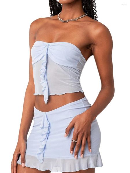 Lässige Kleider Frauen Sommerröcke Outfits trägerloser Rückenless -Netz Rüschen Crop Tube Tops kurzer Rock 2 Stück Kleidung Set Set