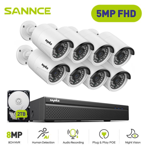 Sistem Sannce 5MP 8CH CCTV Video Güvenlik Açık Gece Görüşü Su Geçirmez IP Kamera Kontrol Gözetim Sistemi POE H.264+ 8CH NVR Kiti