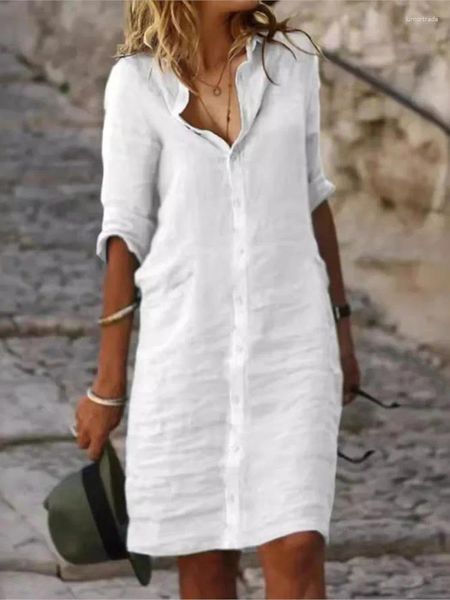 Lässige Kleider Sommer weißes Kleid Frauenmodet gegen Nackenknopf Halbschlärm Büro elegante weibliche Strandparty 2024