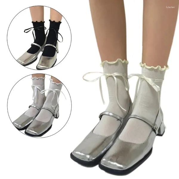 Donne calzini giapponese a colori solidi caviglia per tubo medio per ragazza freneta con volant a bowknot
