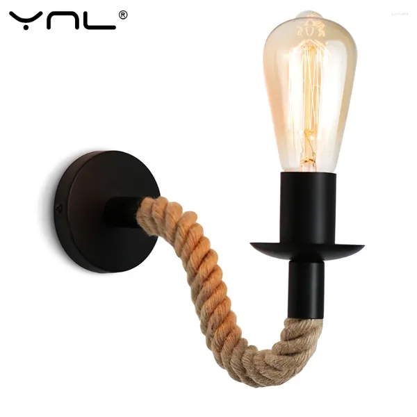 Lâmpada de parede American Rope Vintage Sconce Lights Fixture E27 Decoração Industrial Bedroom Light Iluminação Interior Retro