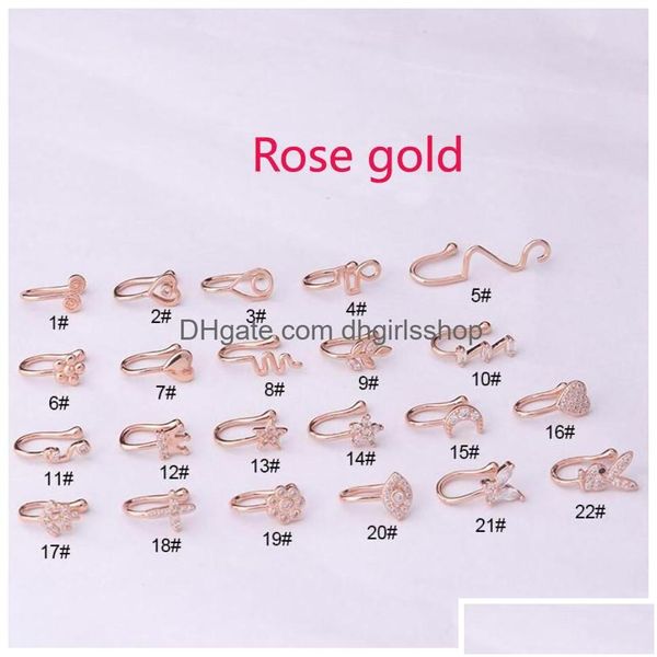 Nasenringe Stollen Nasenringe Stollen Gold gefälschter Piercing Clip Ring -Manschettenkörperschmuck für Frauen Neue Trend Ohrmanschette Herz Kreuz Blumen 2 Dhu73