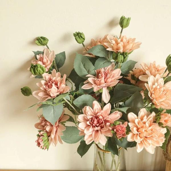 Flores decorativas 73cm 5 cabeças Dahlia buquê de seda artificial para decoração de festa de casamento em casa decoração de mesa de flores falsa