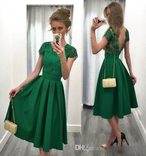 2017 дешевые нефритовые зеленые короткие коктейльные платья кружевные аппликации рукавов платья для вечеринок без спины сатин