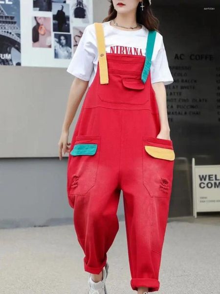 Kadın Kot Retro Kişilik Yüksek Belediye Gevşek Denim Askıyıcılar Tulumlar Kontrast Günlük Sokak Giyim Tek Parçalı Pantolon