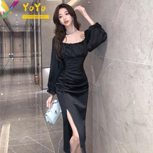 Gelegenheitskleider formelle schwarze Satin Square Collar Front Split Dress Women's Office 2024 Herbst/Winter Fashion Elegant Slim Bodycon Party