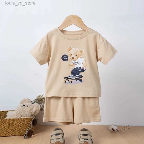 Комплекты одежды новая мода детские шорты с короткими рукавами наборы мультфильм Мужчины и женщины Печать летняя бурная медведь луна T240415