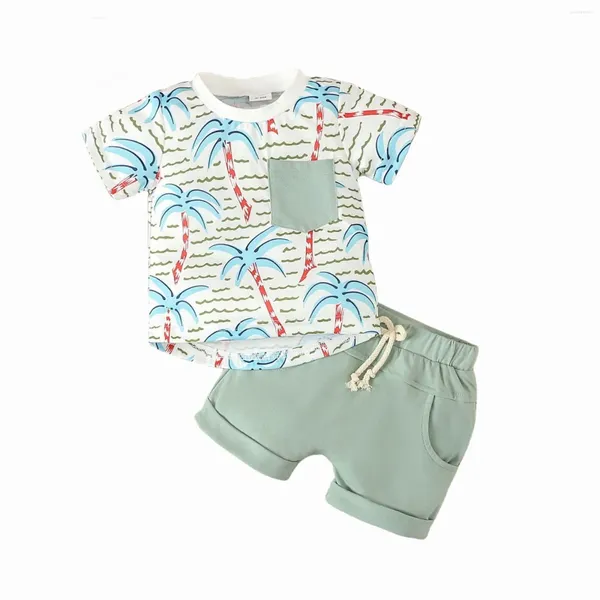 Roupas conjuntos de roupas meninos pescoço redondo de peças tropicais estampa de manga curta camiseta de cor sólida shorts de cor de verão