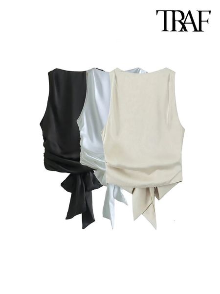 Traf Women Fashion con camicette di parto aperte in raso legato Vintage O collo senza maniche camicie femminili busas chic top 240411