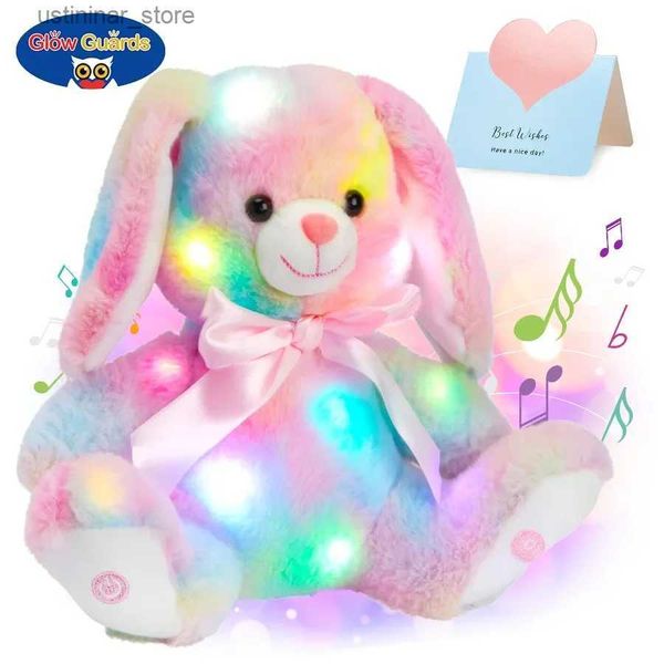 Gefüllte Plüschtiere leuchtende Baumwollhasen Plüschspielzeug werfen süße Kissen LED -Lichter Musik Regenbogen ausgestopfte Tiere Oster Kaninchen Geschenk für Kinder Mädchen l47