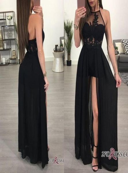 Abiti da ballo neri lunghi sexy 2018 Vedi attraverso Halter Front Slit Evening Abito da festa in pizzo Applique Chiffon Lunghezza pavimento una linea giubbotto1898815