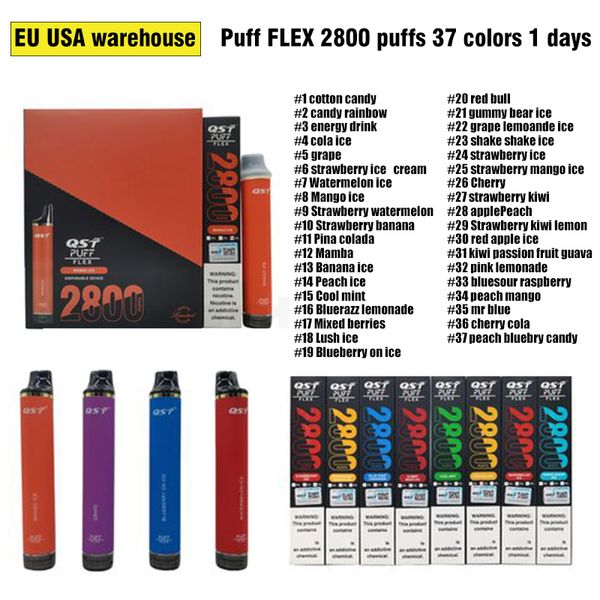 Cigarros eletrônicos descartáveis QST Puff Flex 2800 Puffs Cigarros 850mAh 5% Enviar do USA Warehouse Pré-enchido Vape descartável Autorizado 37 cores