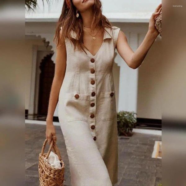 Günlük elbiseler m xl pamuk keten tank elbise kadınlar için 2024 yaz gevşek plaj sundress midi etek kadın tatil maxi vestido robe