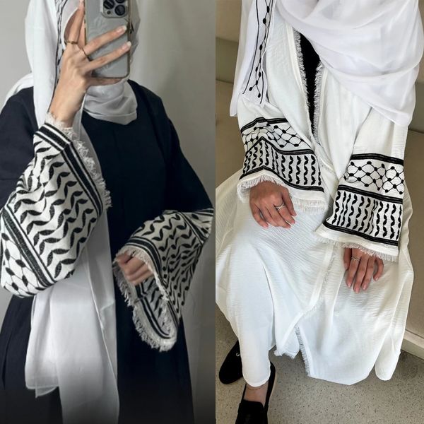 Kırışıklık Yumuşak Krep Nakış Müslüman Kefiyyeh Abaya Ramazan Tassel Dubai Kadınlar Giyim Mütevazı İslami Giyim 240412