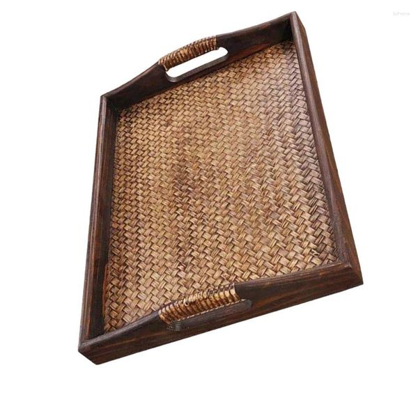 Teller Holzpaletten Jewlery Tablett Rattan gewebtes Tee Obstteller Retro rechteckige Bambusstreifen Einfach praktisch