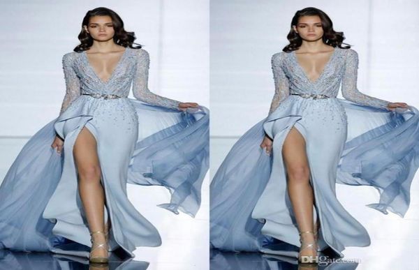 2020 Neue sexy Zuhair Murad Meerjungfrau Abendkleider mit langen Ärmeln formelle Abschlussballkleiderkristalle Blau High Split Celebrity Kleider 394076900