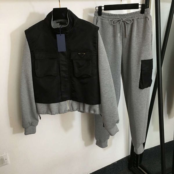 Trabalho de moda de trabalho Espaço conjunto de algodão Triângulo Rótulo de bolso Block Block Slave Zipper+calça casual da cintura elástica