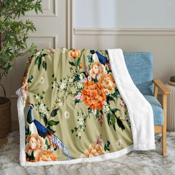 Decken Blumen Decke Orange Sherpa Grüne Floral Bauernhaus Stil Fleece weich für Sofa Couch und Schlafzimmer