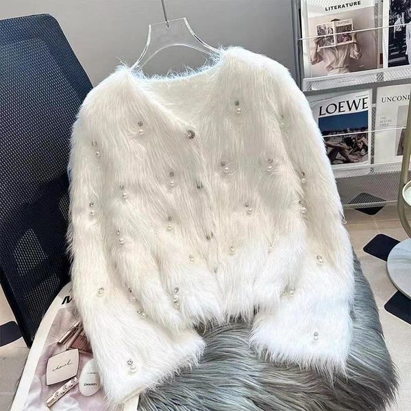 Malhas femininas imitação imitação vison caxemre diamantes casaco de suéter solto outono mohair shinestone maconha cardigan lã knitwear tops