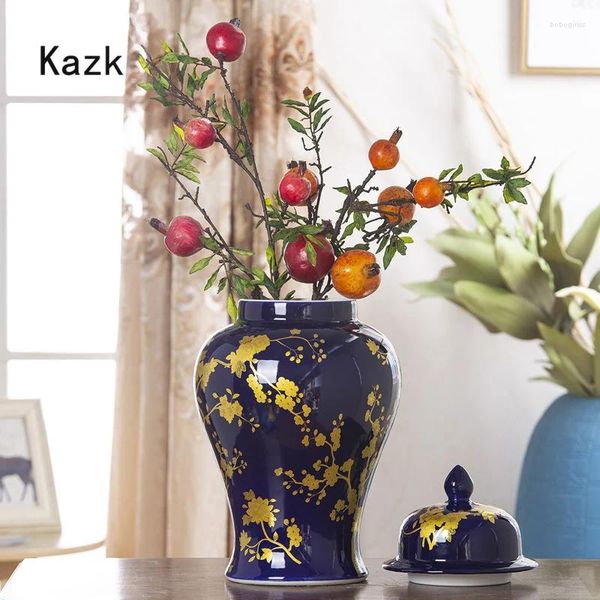 Vasi vaso in ceramica di fiori in oro blu americano con coperchio moderno desktop stoccaggio antico baratto generale decorazione soggiorno domestico