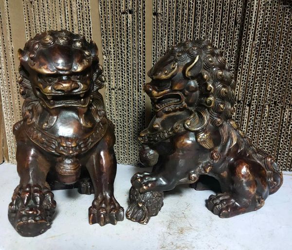 Figurine decorative vecchie leoni di bronzo vintage Fengshui Guardion Fu Foo Dogs Statue Coppia