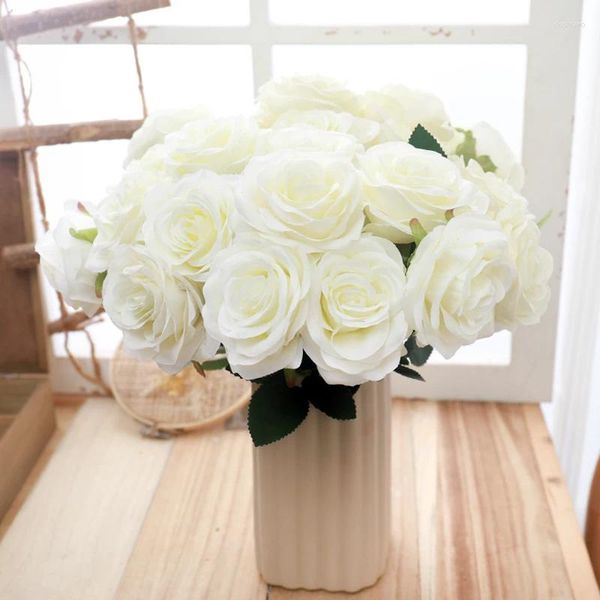 Flores decorativas 9 cabeças grandes brancas de seda artificial rosa de seda champanhe para casamento decoração caseira sala de estar DIY DIY Arranjo